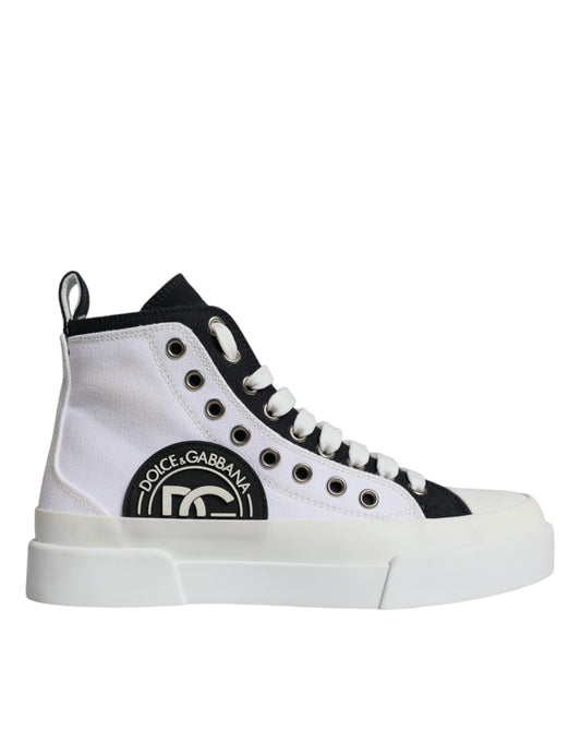 Dolce &amp; Gabbana White Black Canvas Logo Mid Top Sneakers Shoes