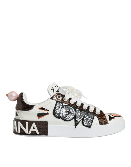 Dolce &amp; Gabbana White Love Sequin Portofino Sneakers Shoes