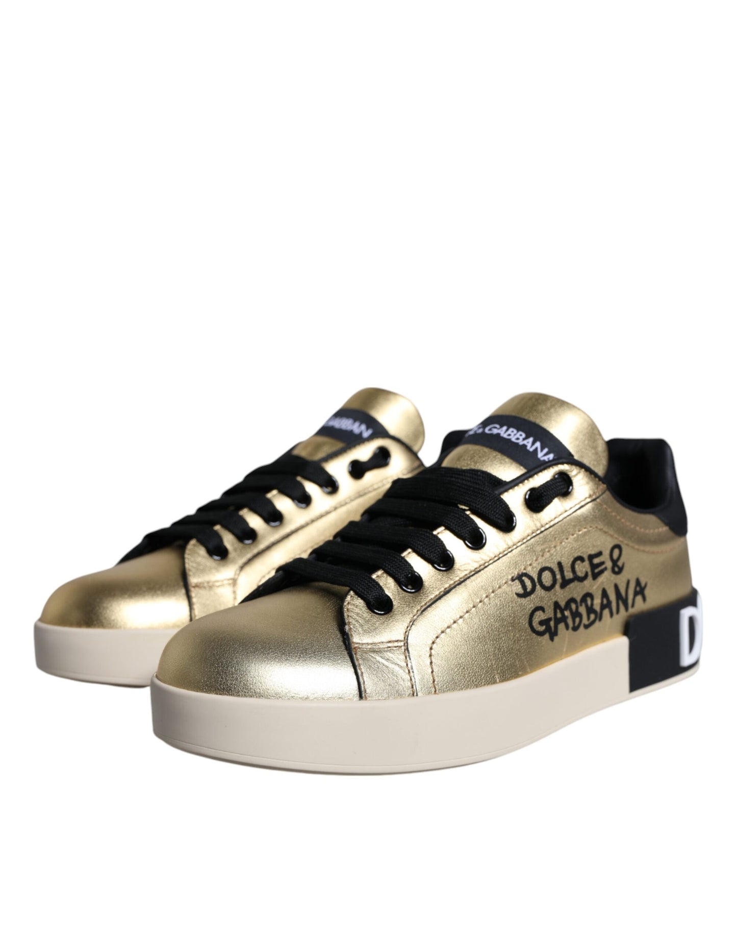 Dolce &amp; Gabbana Gold Portofino Calf Leather Sneakers Shoes