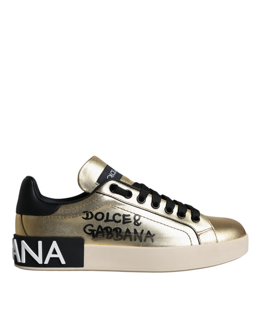 Dolce &amp; Gabbana Gold Portofino Calf Leather Sneakers Shoes