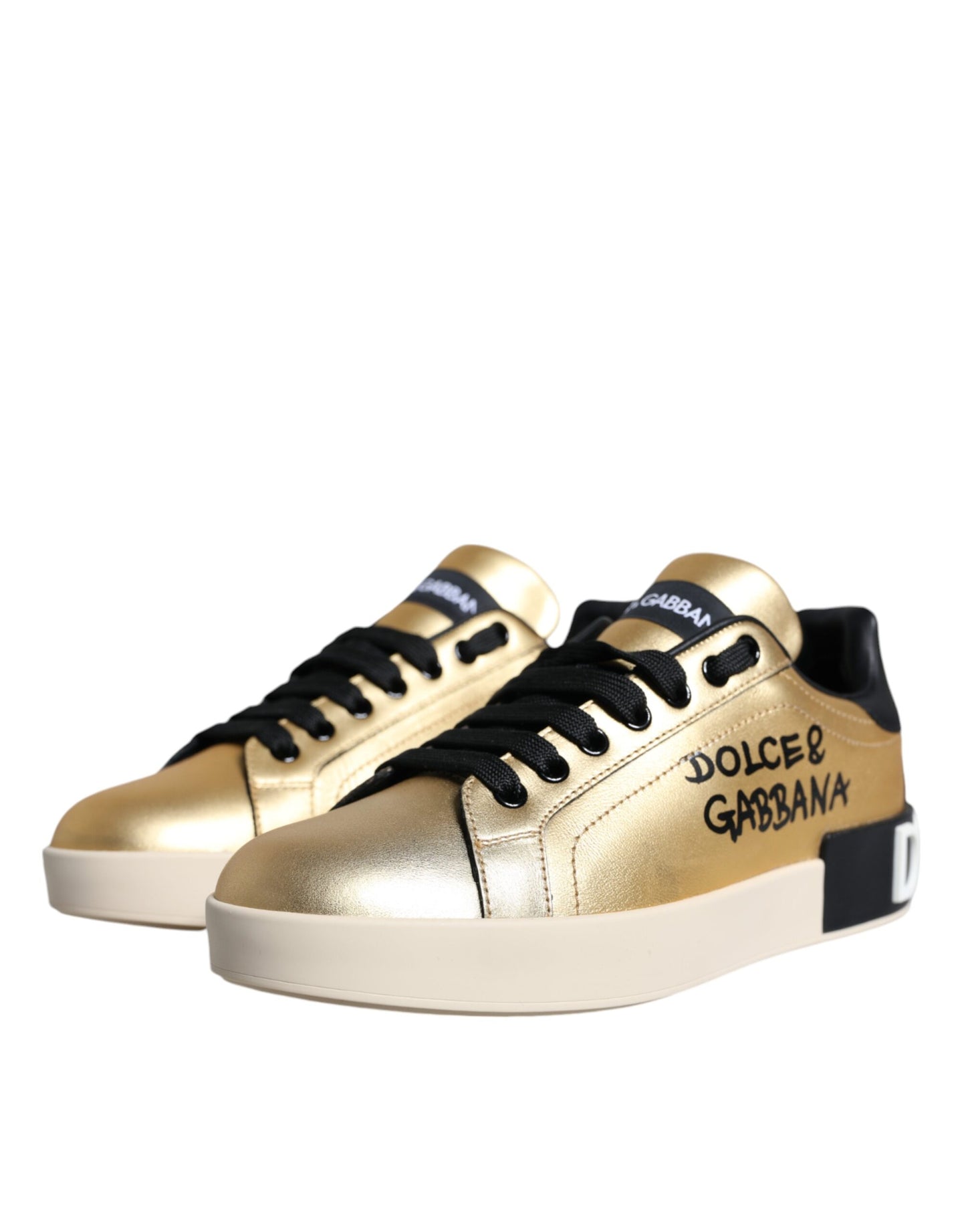 Dolce &amp; Gabbana Gold Portofino Calf Leather Sneakers Shoes