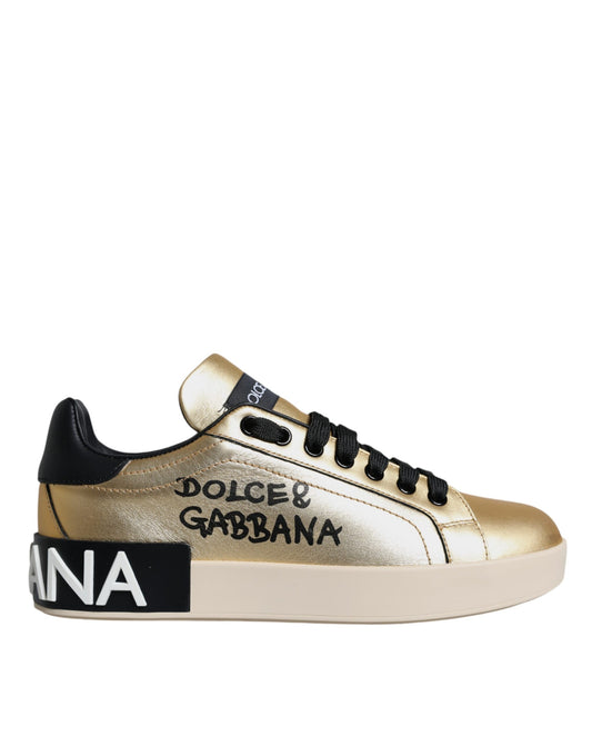 Dolce &amp; Gabbana Gold Portofino Calf Leather Sneakers Shoes