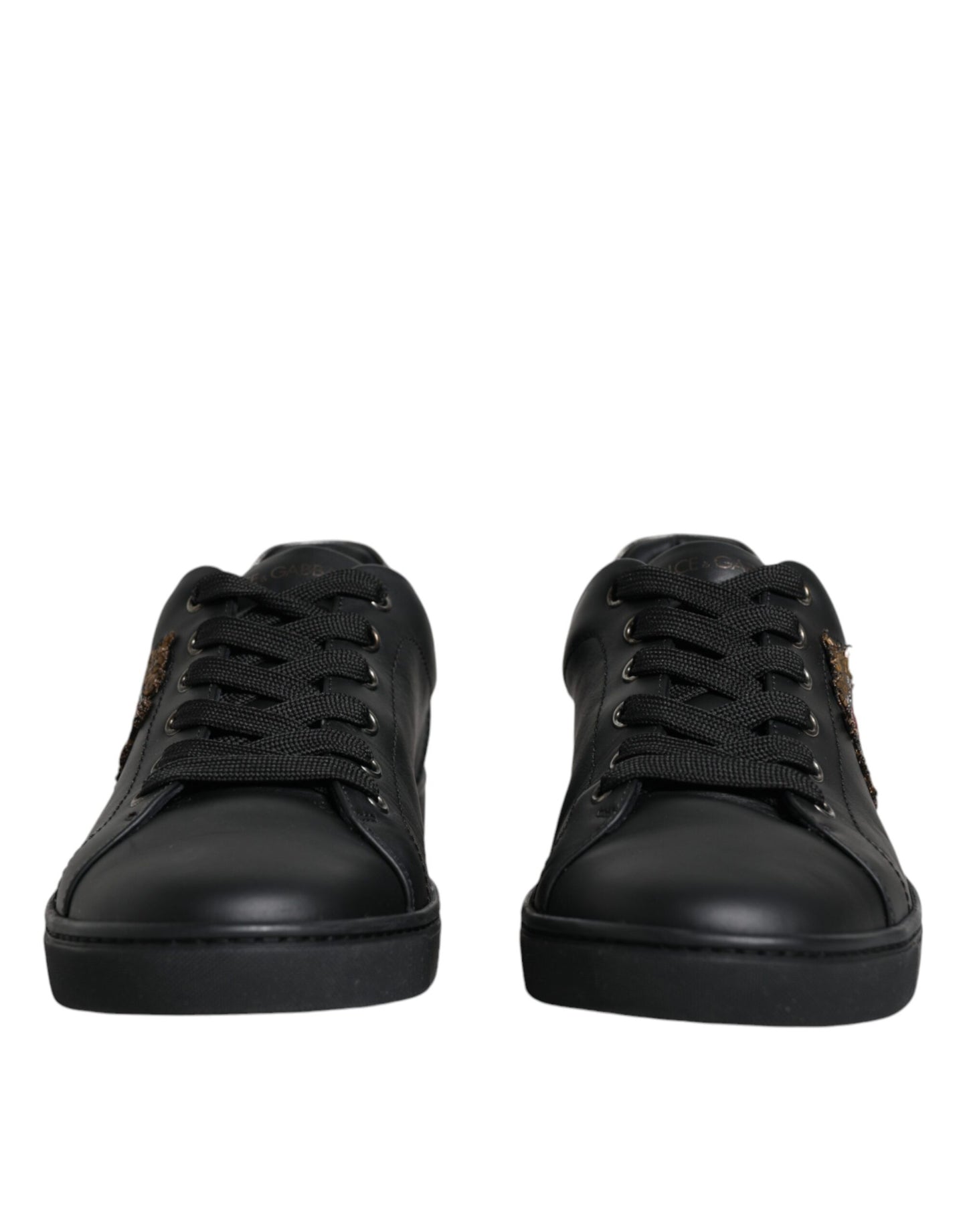 Dolce &amp; Gabbana Black Leather Heart Embellished Sneakers Shoes