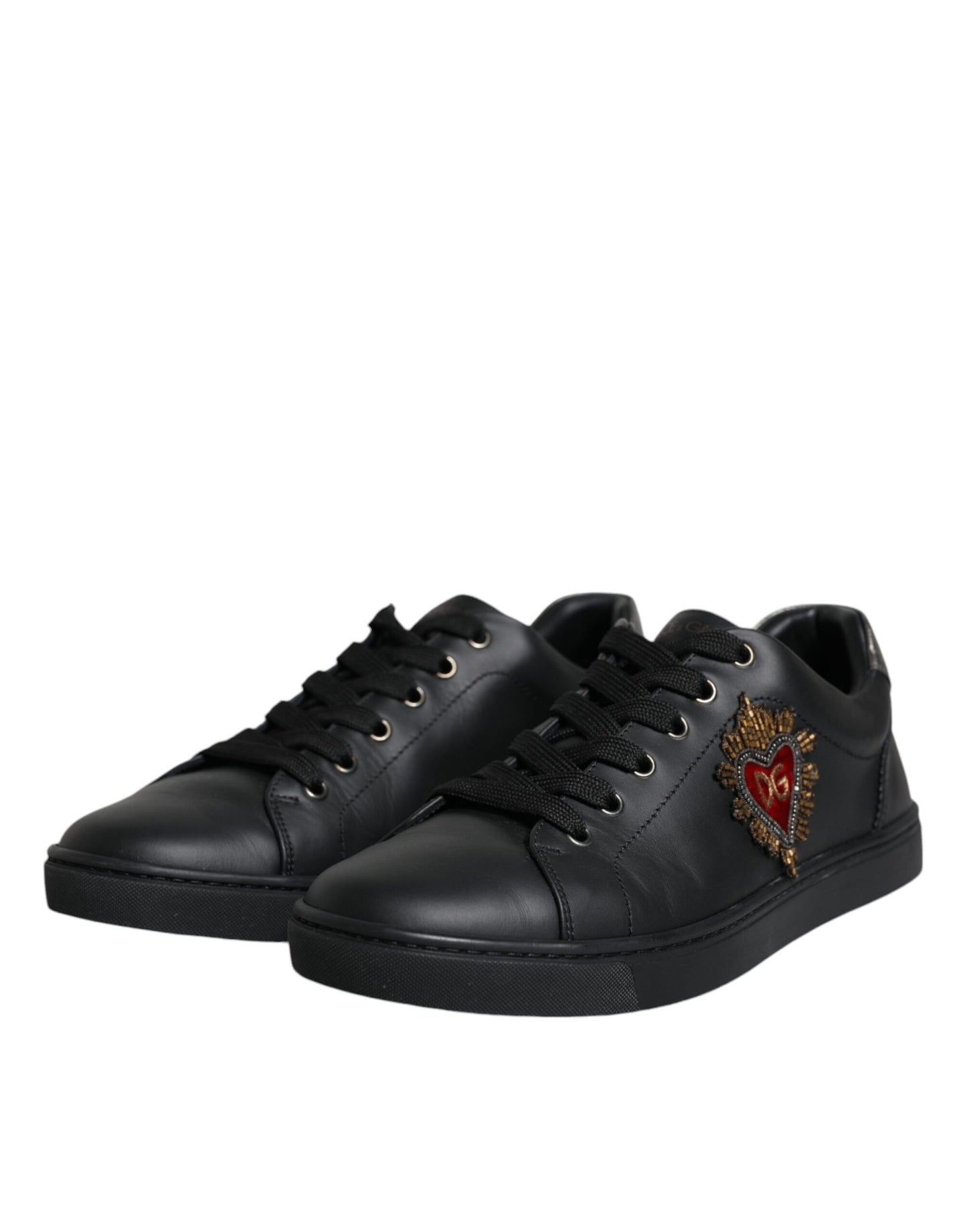 Dolce &amp; Gabbana Black Leather Heart Embellished Sneakers Shoes