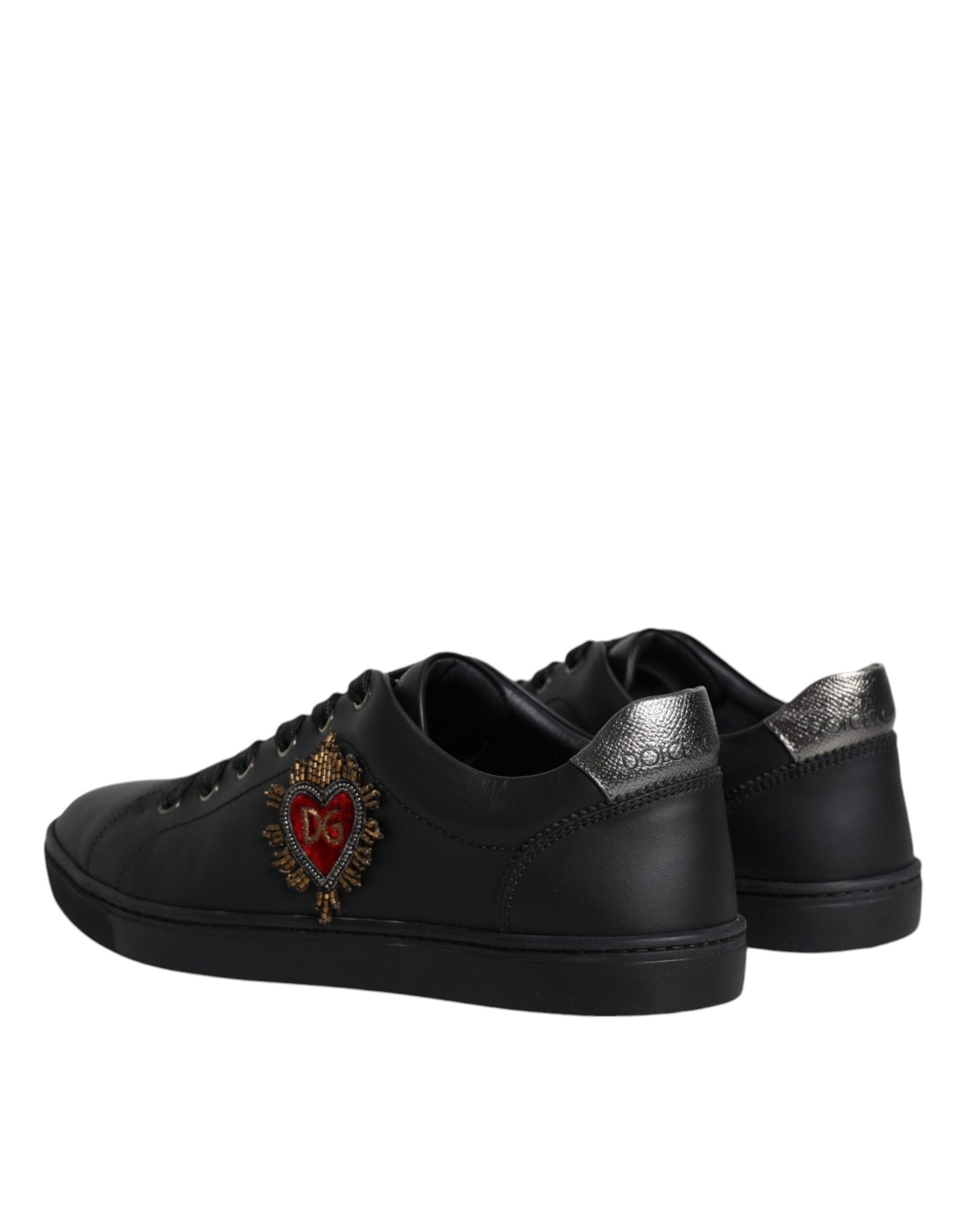 Dolce &amp; Gabbana Black Leather Heart Embellished Sneakers Shoes