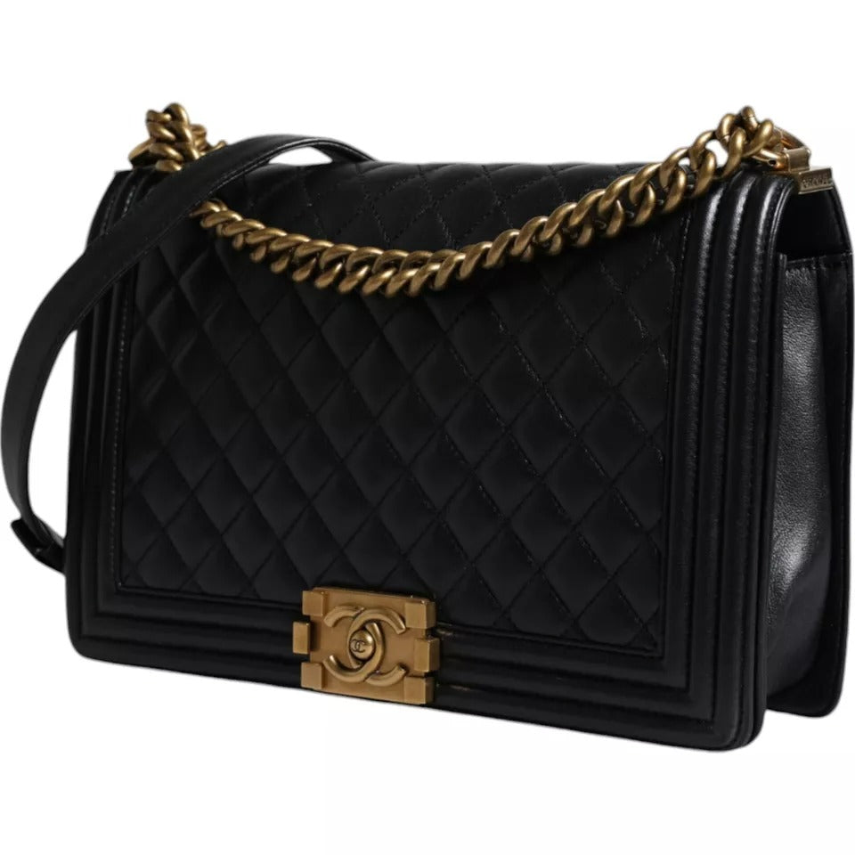 Chanel Black Large Lambskin Double Chain Gold Leather Shoulder Bag