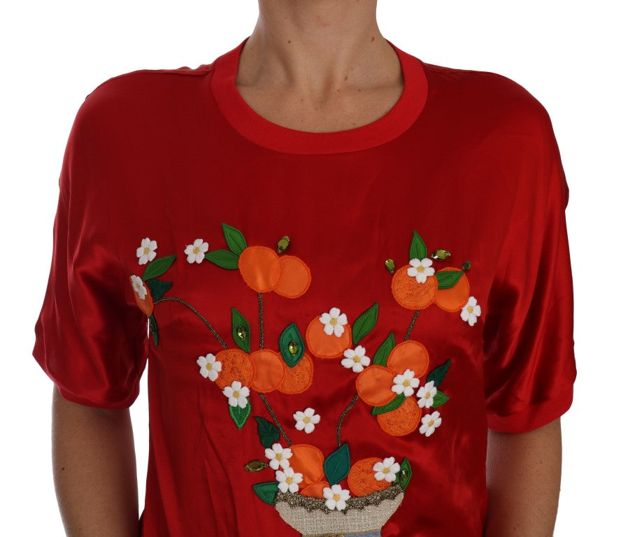 Dolce &amp; Gabbana Red floral embroidered silk top Elegance