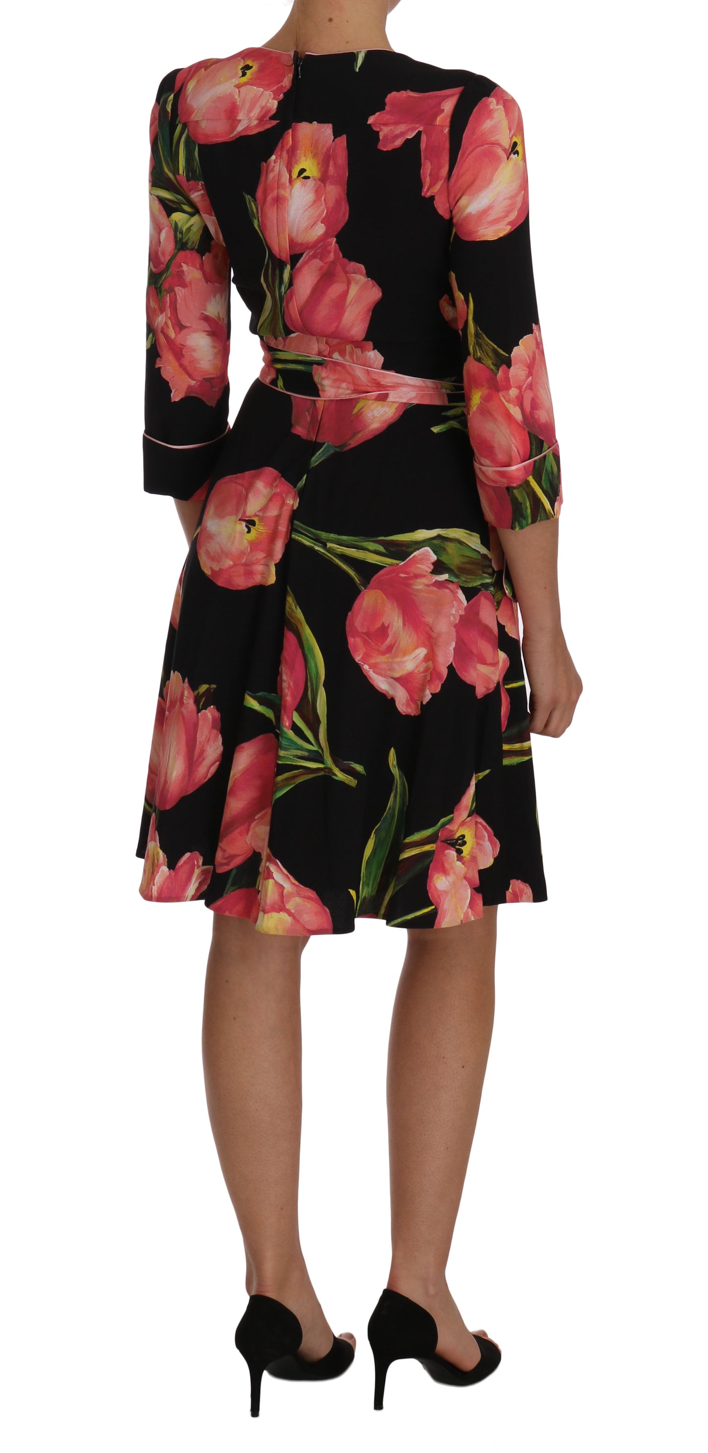 Dolce & Gabbana Elegantes schwarzes Etuikleid mit rosa Tulpenprint