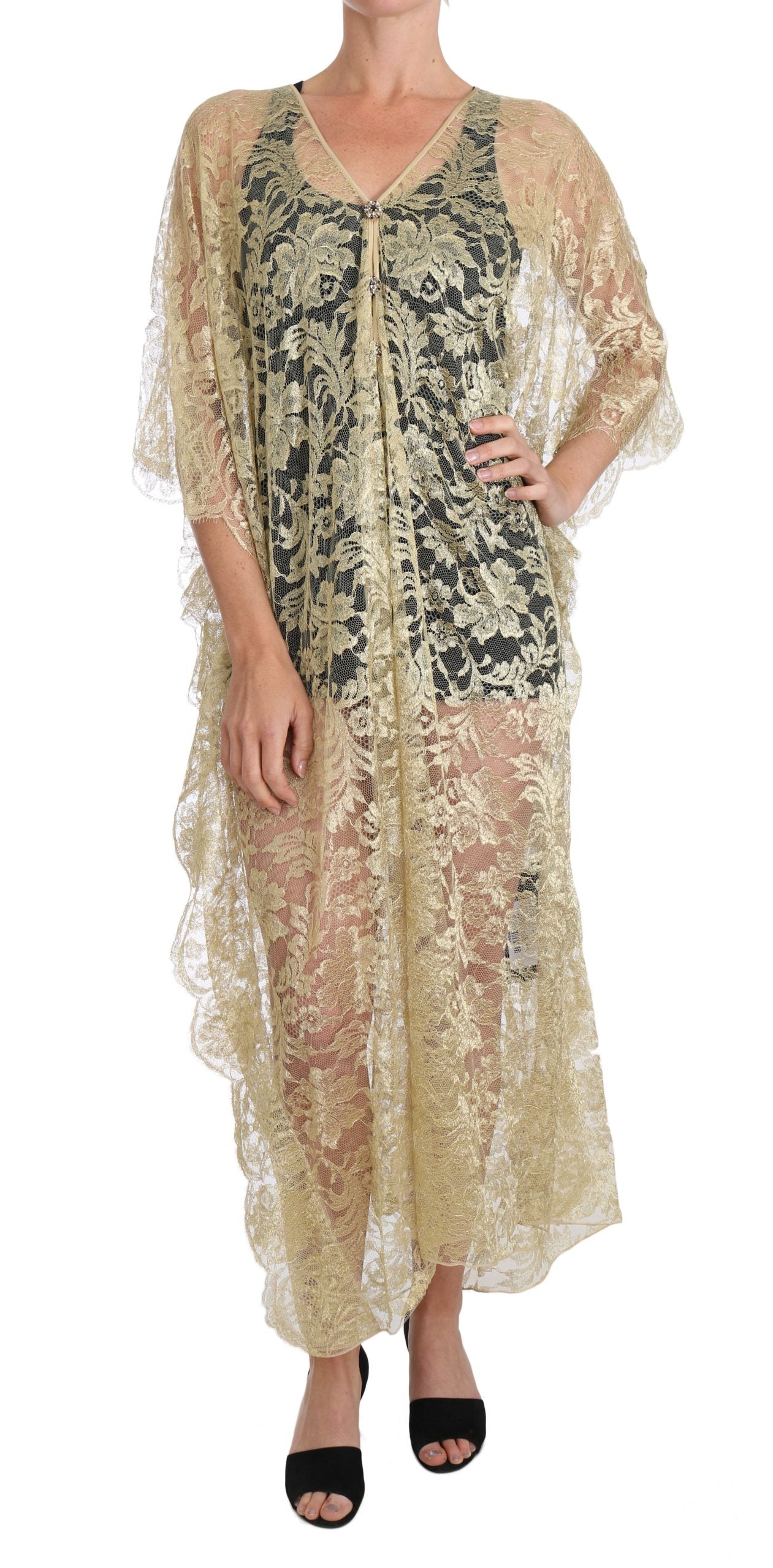 Dolce & Gabbana Goldenes Kaftan-Sonnenkleid aus floraler Spitze