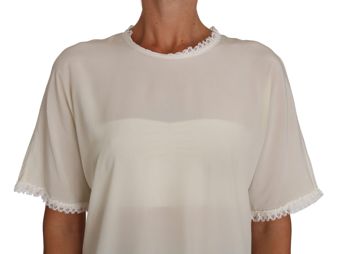 Dolce &amp; Gabbana Cream silk blouse top with lace trim