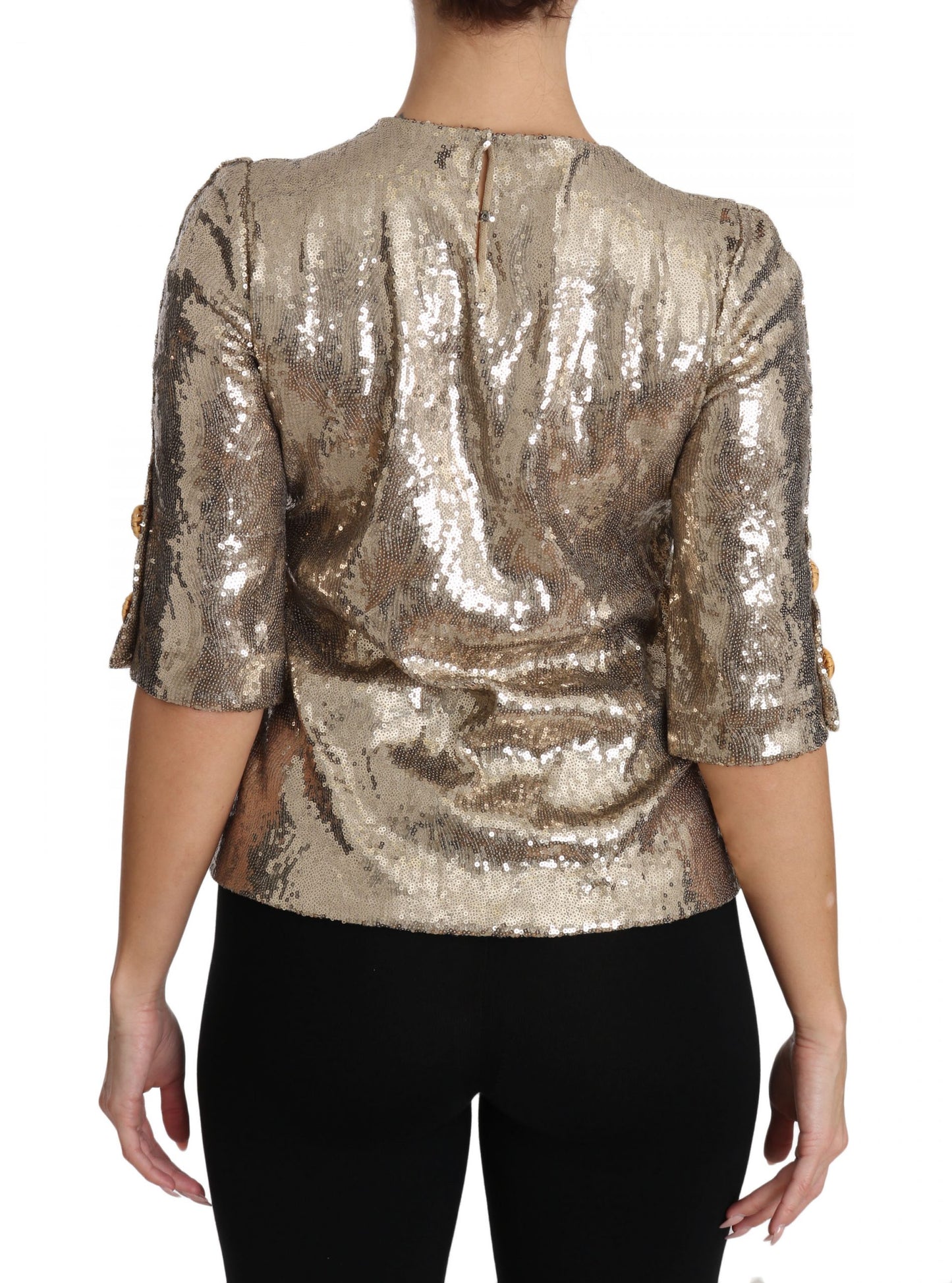 Dolce &amp; Gabbana round neck blouse with parrot motif in gold with crystals