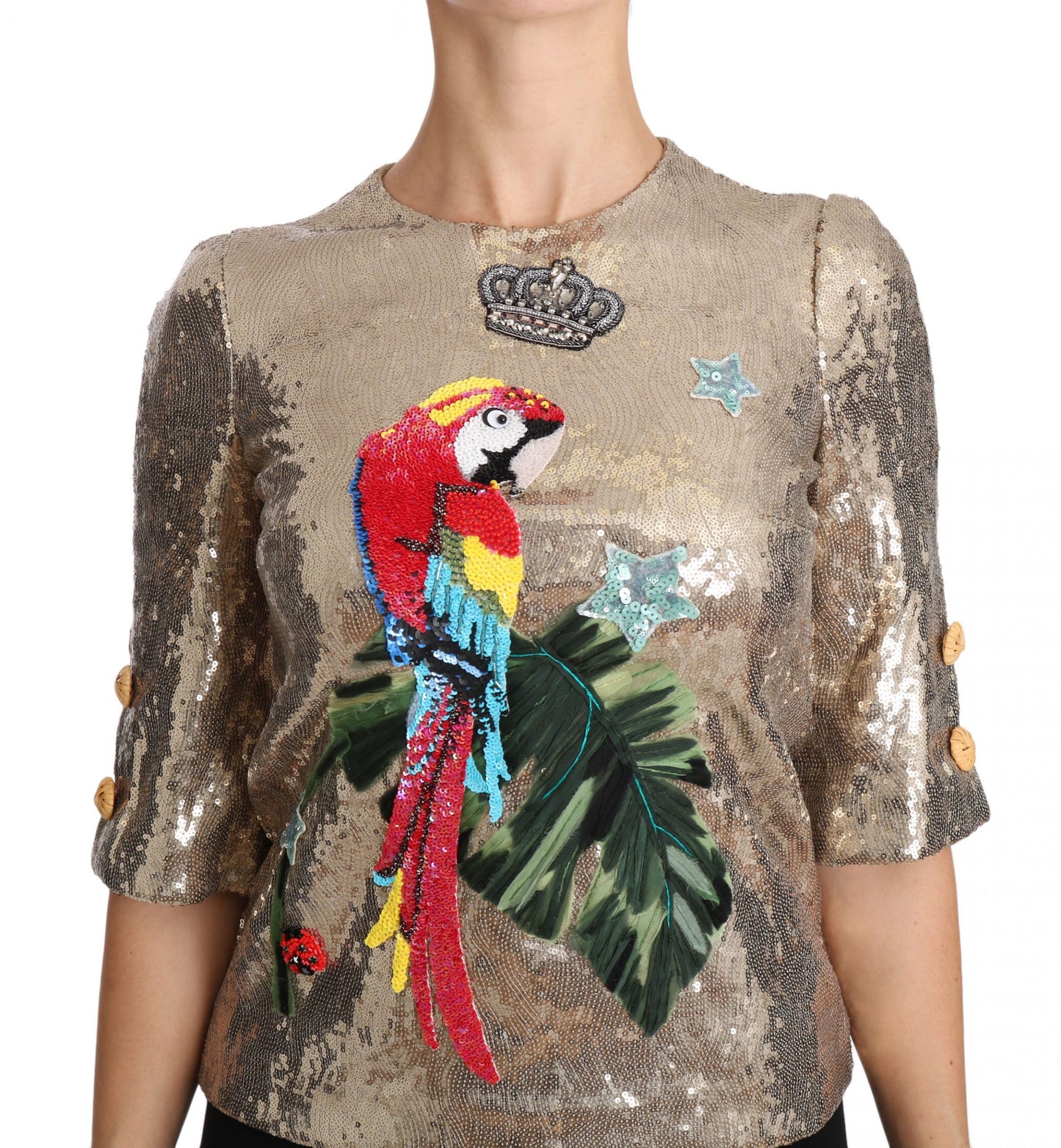 Dolce &amp; Gabbana round neck blouse with parrot motif in gold with crystals