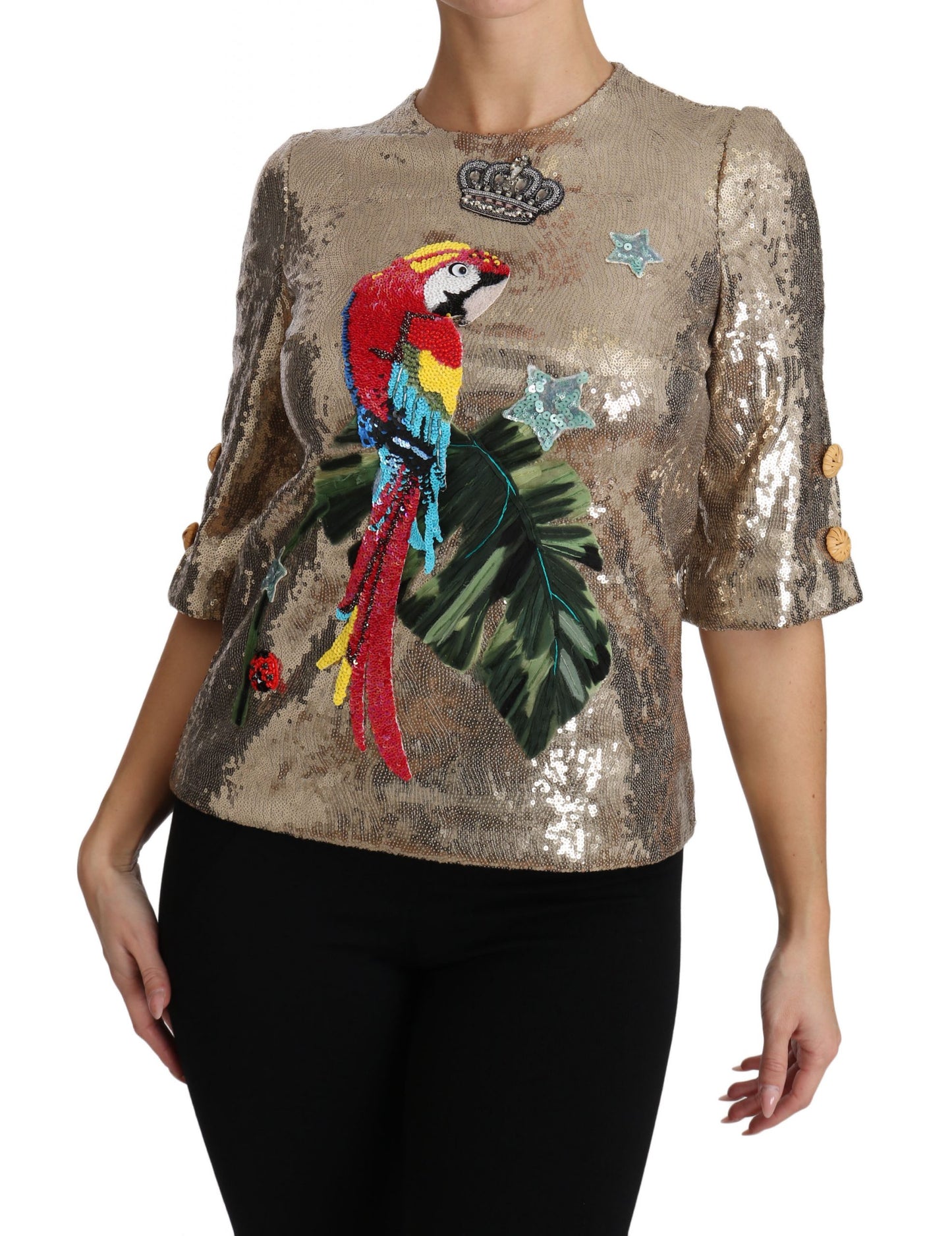 Dolce &amp; Gabbana round neck blouse with parrot motif in gold with crystals