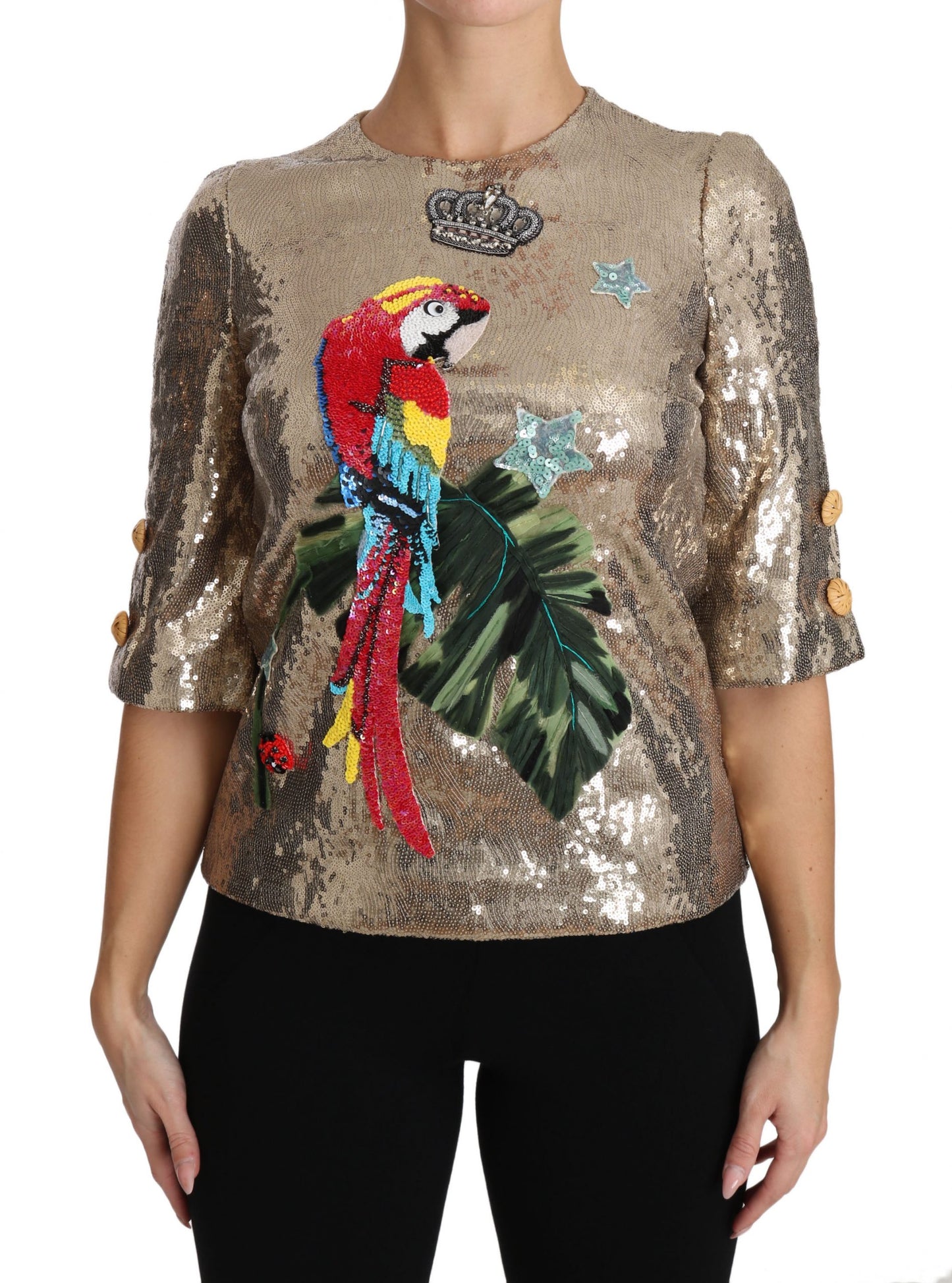 Dolce &amp; Gabbana round neck blouse with parrot motif in gold with crystals