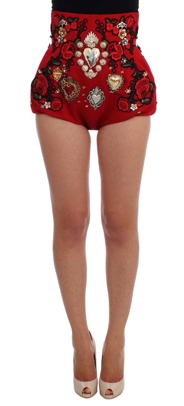 Dolce & Gabbana Rote Seiden-Mini-Shorts mit Kristallverzierung