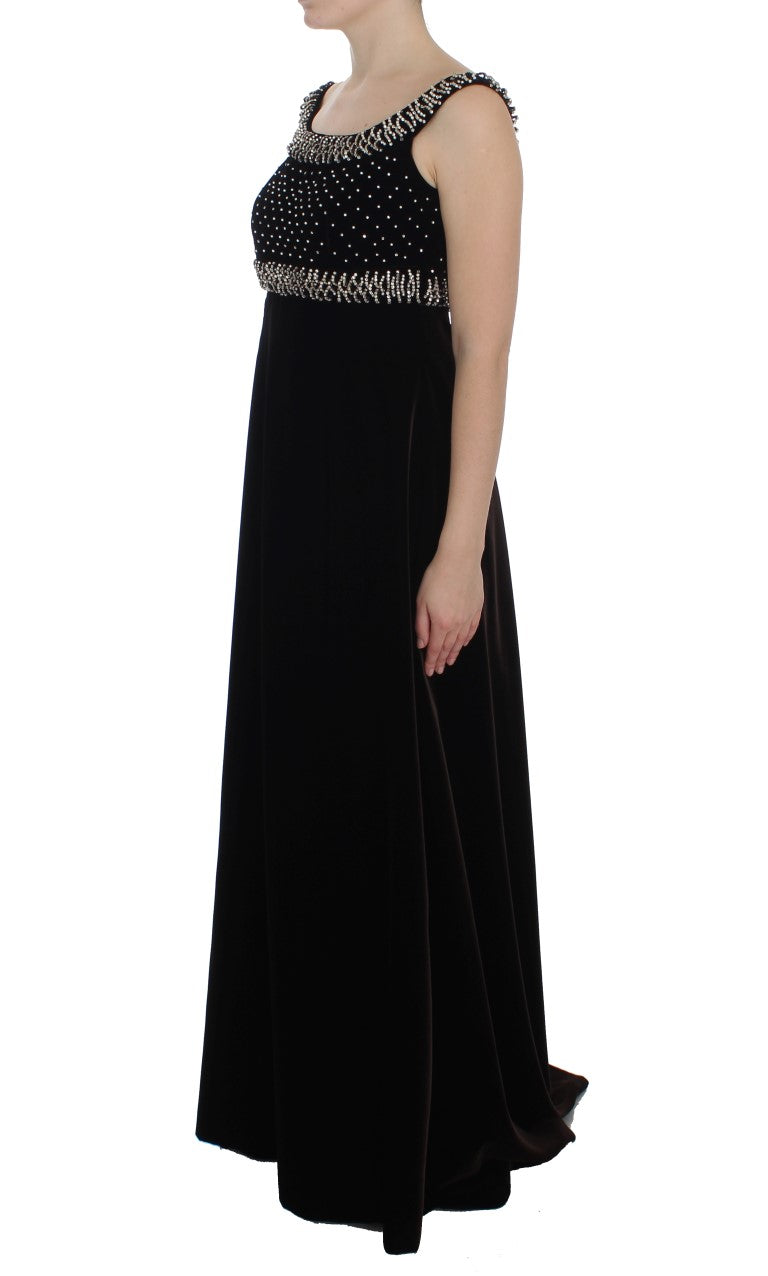 Dolce & Gabbana Elegantes Braunes Samt-Kristall-Kleid