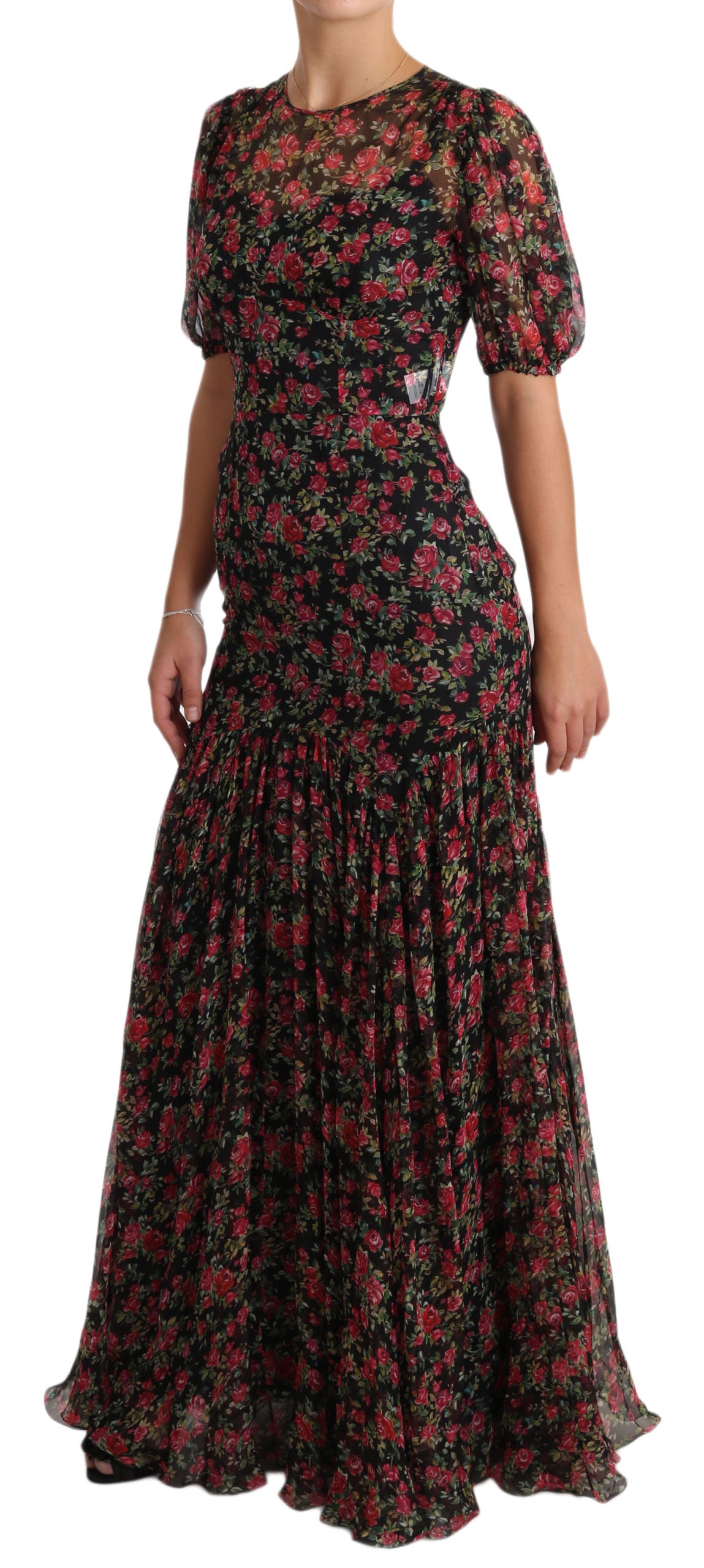 Dolce & Gabbana Elegantes Schwarzes Seidenblumen-A-Linien-Kleid