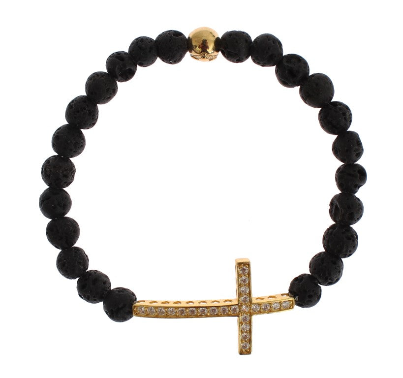 Nialaya Elegant Gold &amp; Black Lava Stone Bracelet